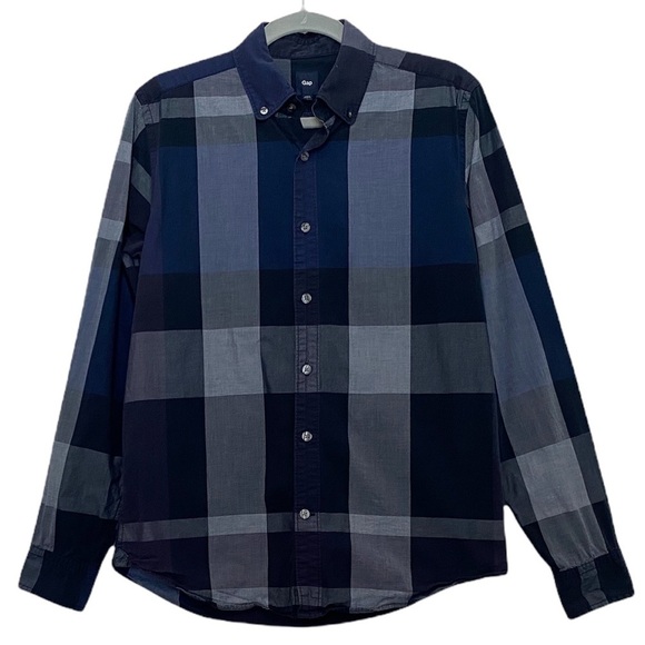 GAP Mens Button Down Blue Navy Plaid Small Cotton Long Sleeve Shirt Lightweight - Picture 1 of 7
